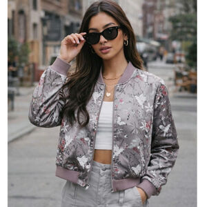 Aeropostale Floral Satin Bomber Jacket Womens Size L Butterfly Birds Edgy Casual